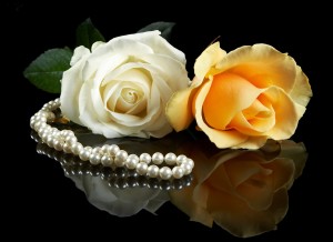Pearl necklace on a reflective surface, and two beautiful roses